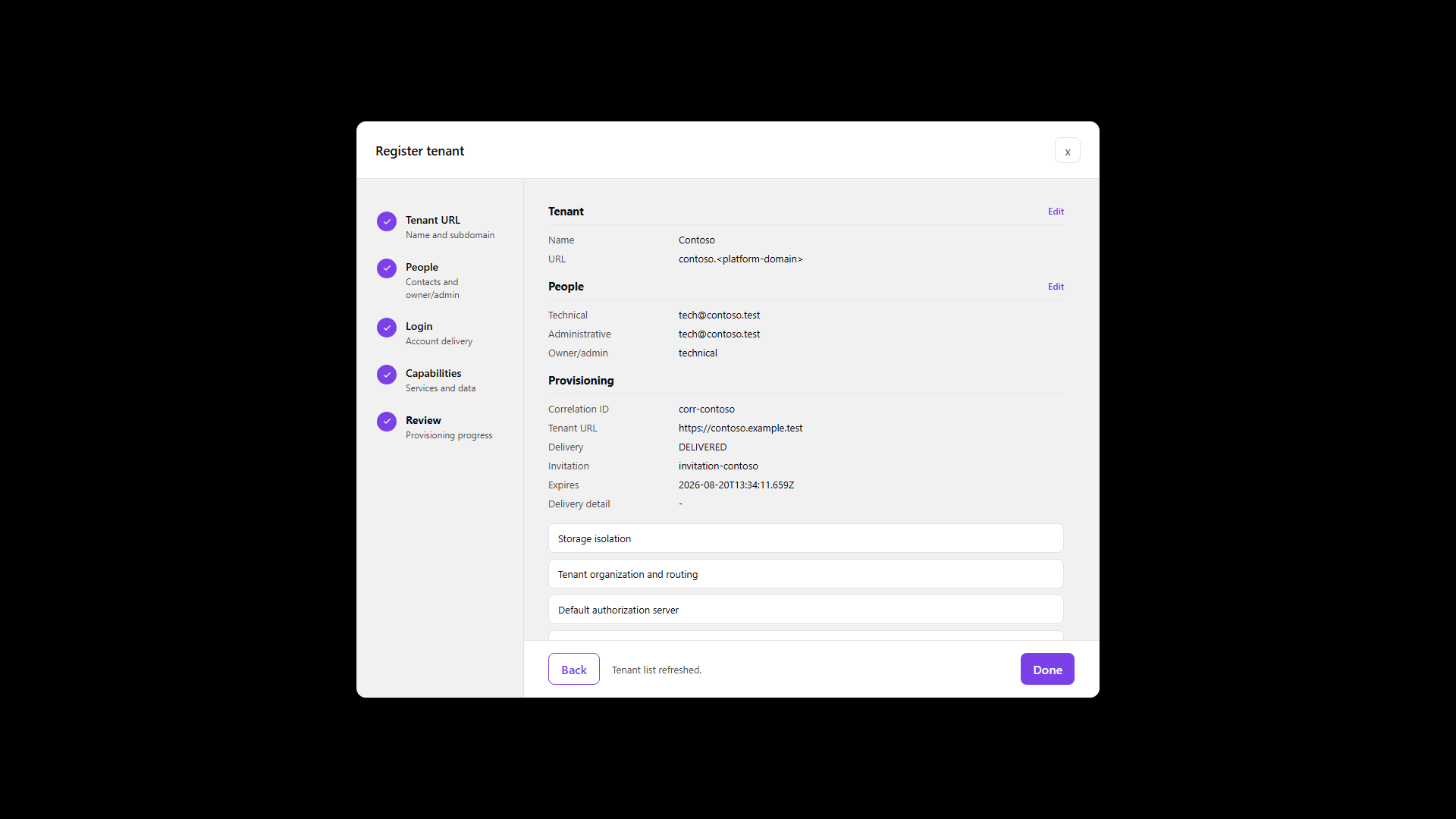 Register tenant: provisioning complete